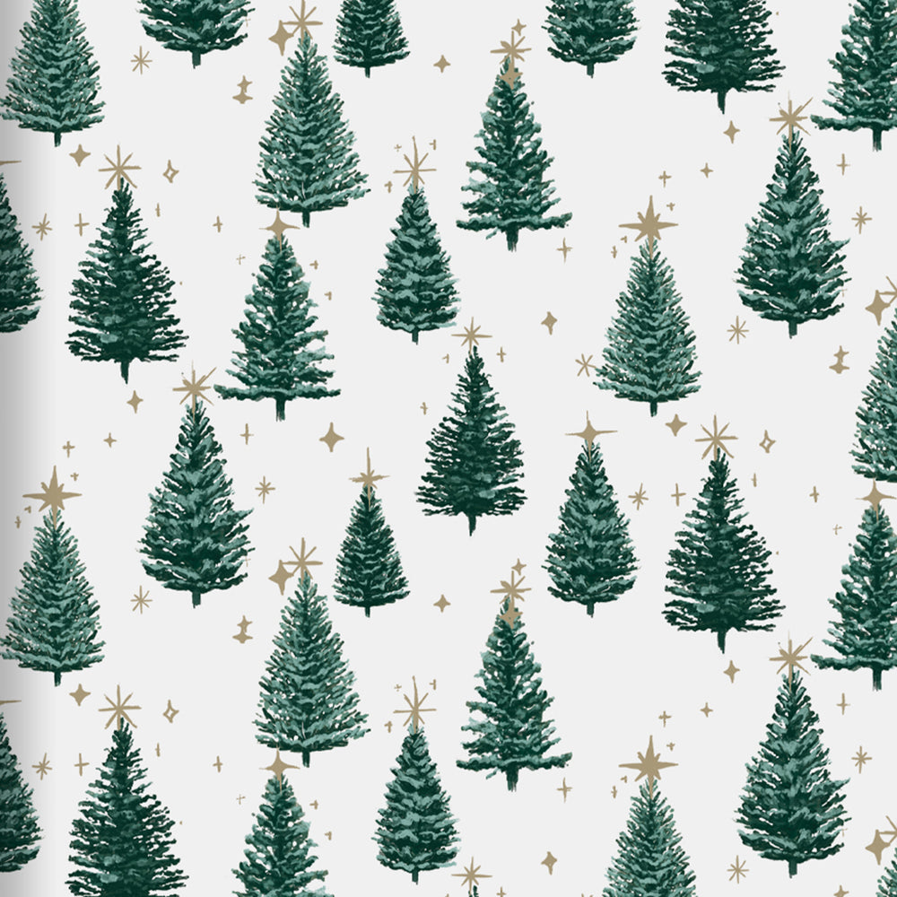 Wrapping paper featuring a pattern of green Christmas trees and gold stars on a light background