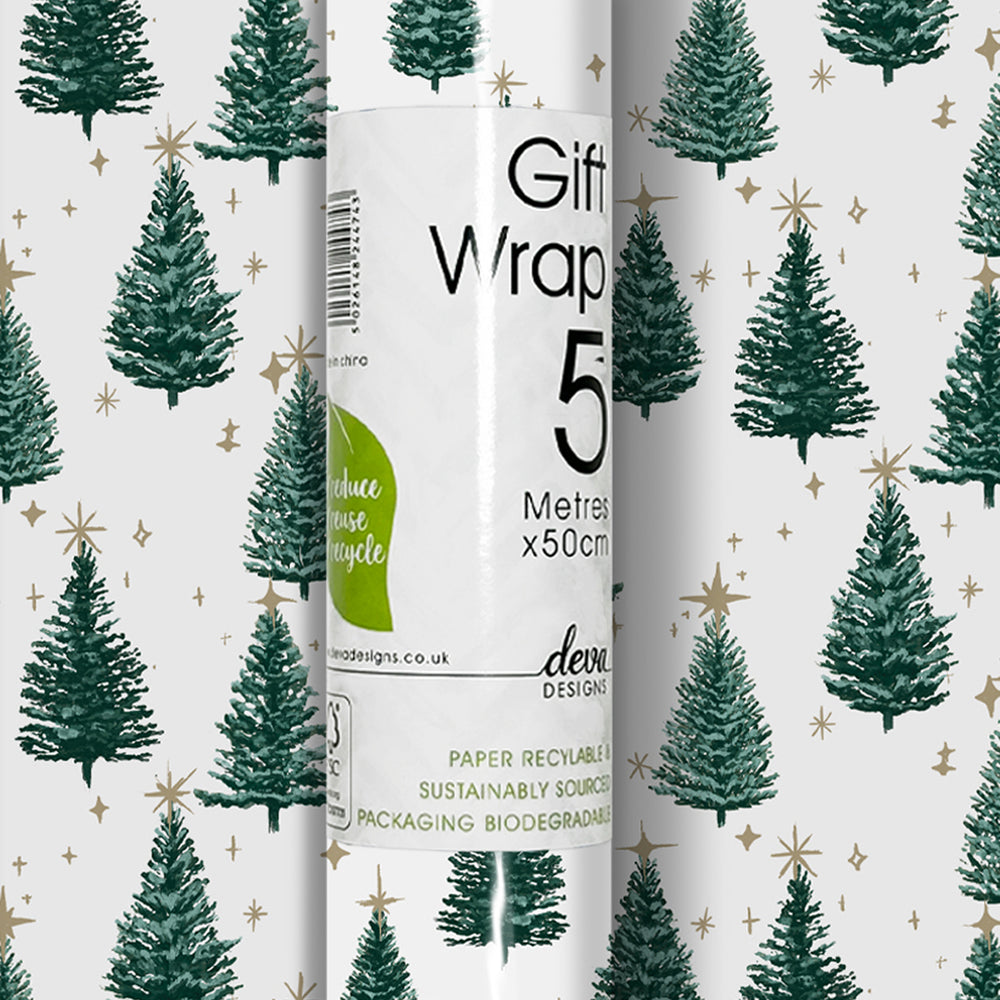 Roll of gift wrap paper with Christmas tree.
