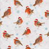 Wrapping paper with a pattern of Christmas robins with Santa hats and snowflakes on a white background