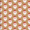Wrapping paper featuring a pattern of cartoon Santa Claus faces on a brown background.