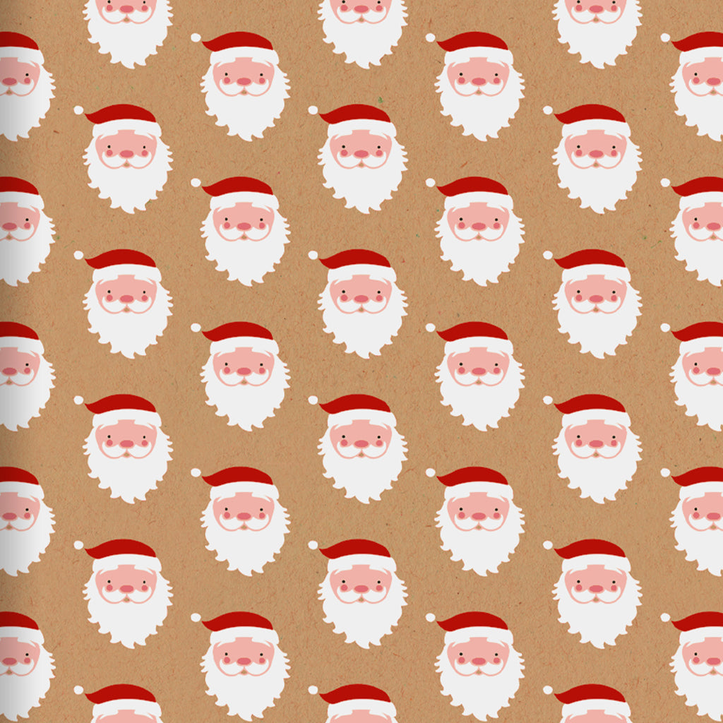 Wrapping paper featuring a pattern of cartoon Santa Claus faces on a brown background.