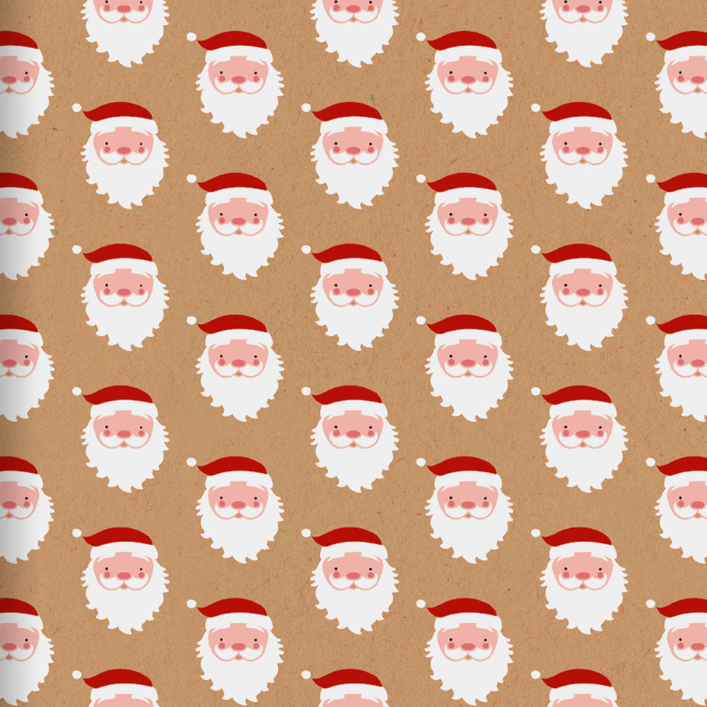 Wrapping paper featuring a pattern of cartoon Santa Claus faces on a brown background.