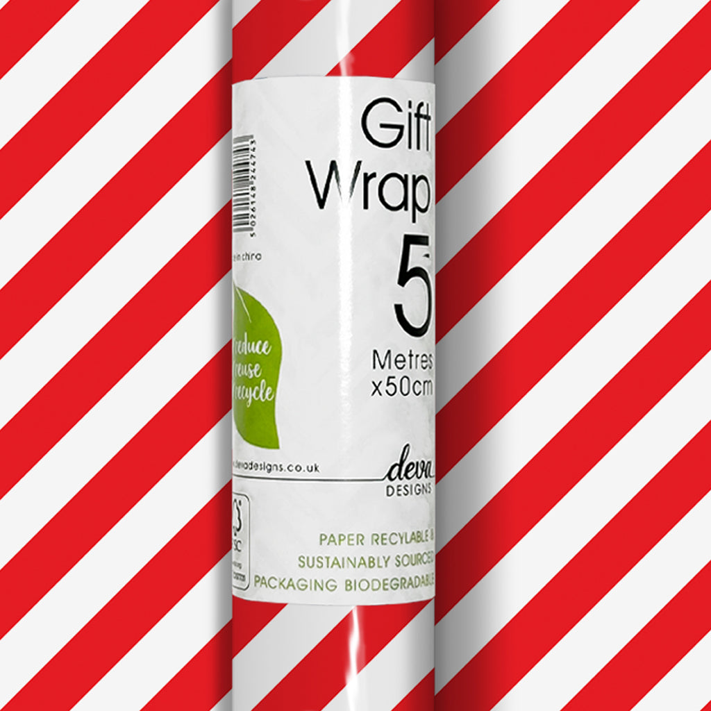 Roll of gift wrap with a red and white striped pattern.