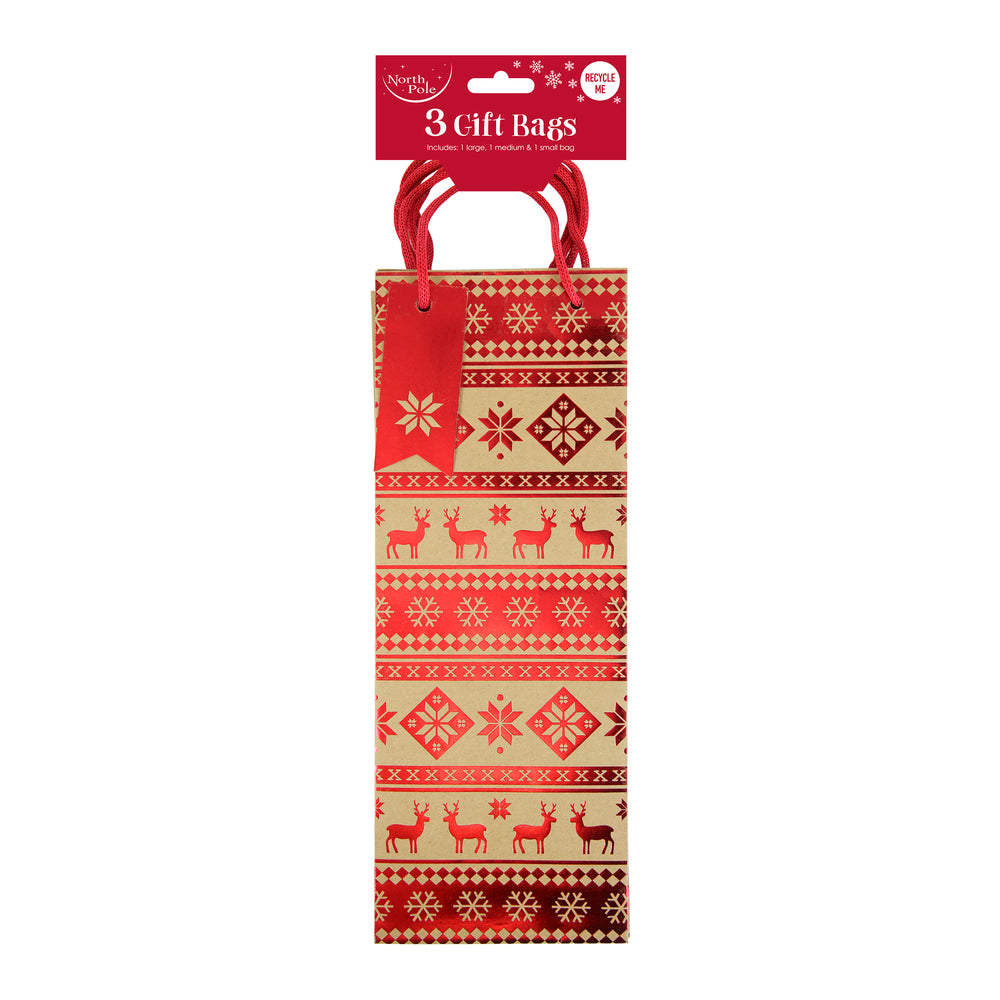 Red and beige gift bag with reindeer pattern and packaging displaying '3 Gift Bags'.