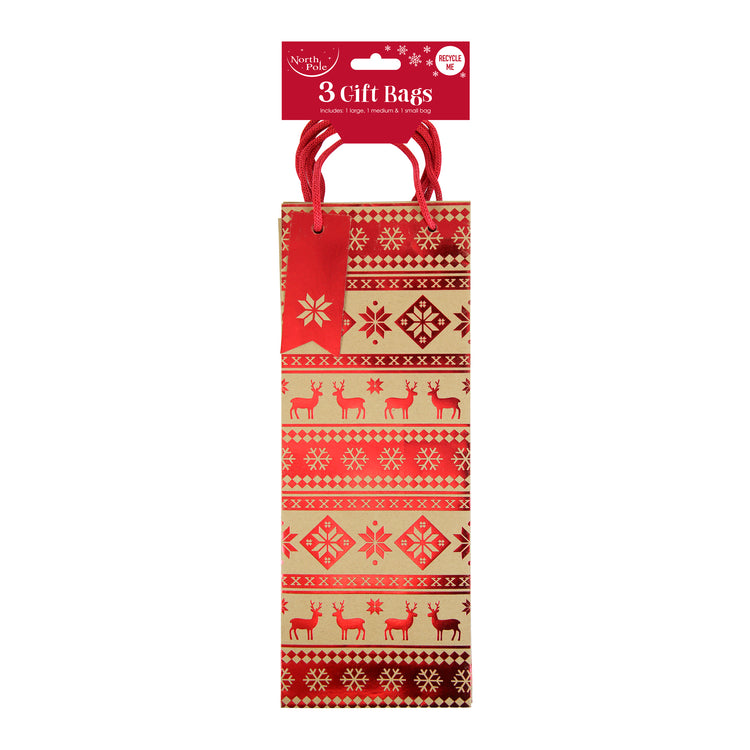 Pack of 3 Bottle sized kraft Christmas gift bags