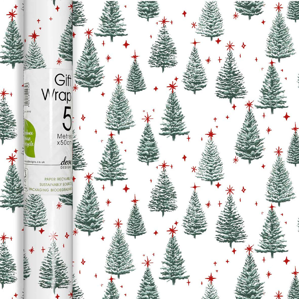 A roll of gift wrap with a repeating pattern of green pine trees and small red stars on a white background, shown next to the wrapped core of the roll.