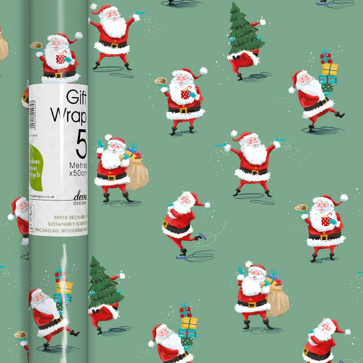 A roll of wrapping paper with a festive repeating pattern of Santa Claus, Christmas trees, and gift boxes on a sage green background. A white paper label is wrapped around the left side of the roll.