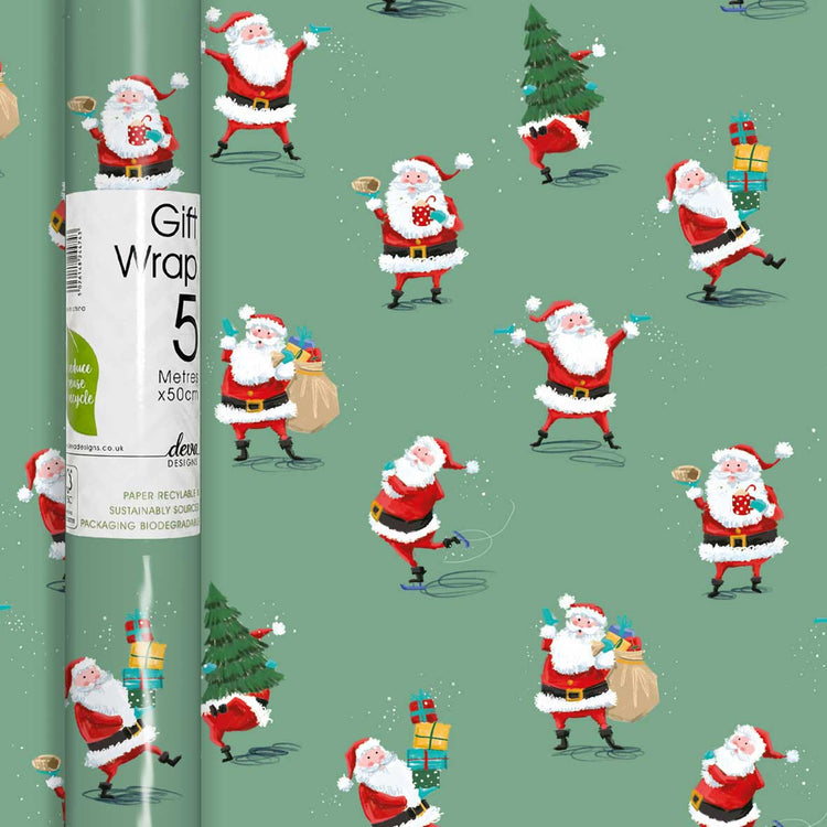 Dancing Santa Christmas wrapping paper on a roll